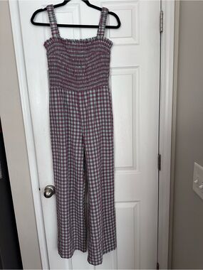Find Me Now Smocked Gingham Wide-Leg Jumpsuit - Dark Mauve & Sage Green
